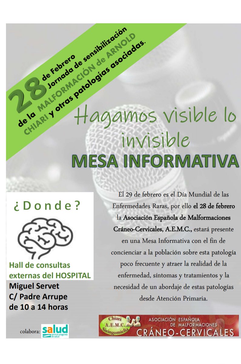 chiari13's tweet photo. ! Ayúdanos a dar visibilidad a la #malformaciondechiari y sus patologías asociadas. El próximo 28 de febrero (el 29 es el día de las ER) estaremos en el Hall de las Consultas Externas del Hospital Miguel Servet, Zaragoza. @Cocemfe_Aragon  @FEMACPA @FEDER_ONG @chy_spa https://t.co/X9NvmKpfzs