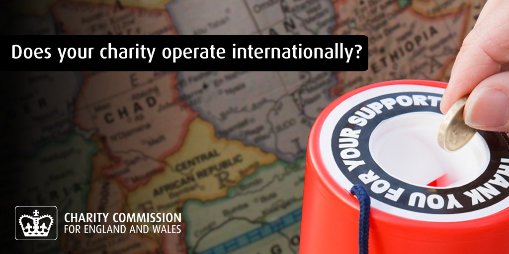 A collecting tin next to a map of the world. The text says Does your charity operate internationally?