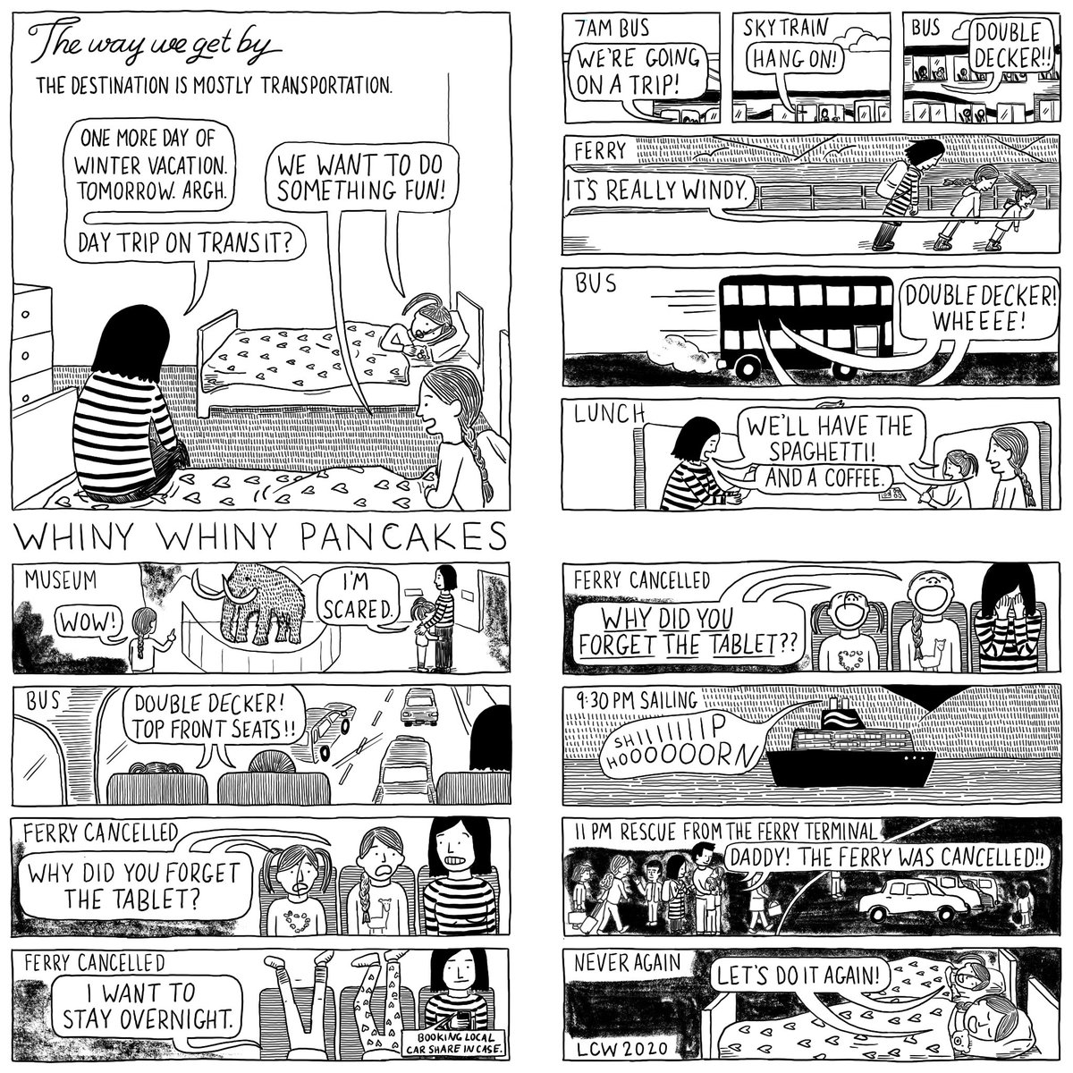 Transit is my daycare; sometimes I call it a trip but it’s just really riding the city bus for most of the day. But the big news is that they put double decker buses on the ferry route!! 
#whinywhinypancakes #webcomic #webcomics #parenting #transit #royalbcmuseum #translink