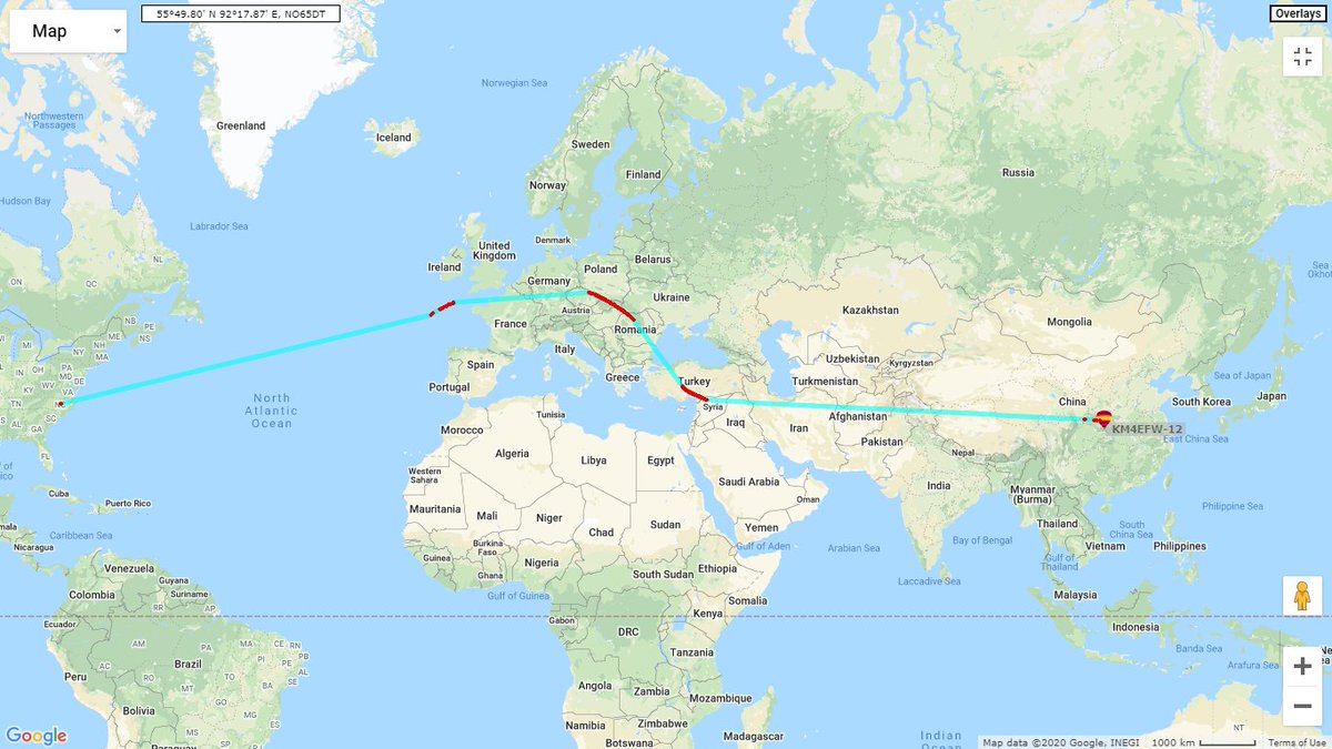 Helios_2020's tweet photo. Helios-1 has gone to sleep on day six and is still going strong over eastern China. Hopefully, we can get some more APRS pings tonight before it embarks on its long journey home, across the Pacific.  Mission clock at T+8,272min total distance at 16,898 kilometers. #balloonbet https://t.co/x2tmwoFoqi
