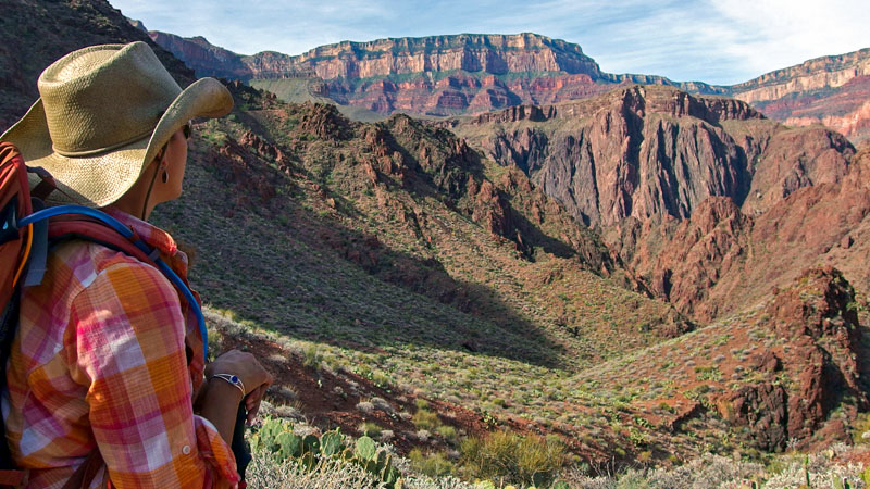 Description: In a valley, a woman with hat and backpack is looking out across sloping hills towards canyon cliffs of different colored rock layers. 