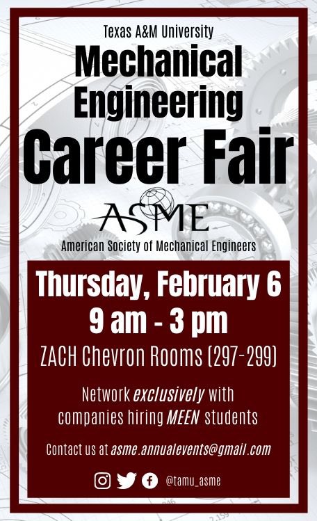 Tamu_ASME's tweet photo. Don’t forget to come out to our Mechanical Engineering Career Fair this Thursday from 9-3! Details below. ⬇️ https://t.co/yZ4emn0CfN