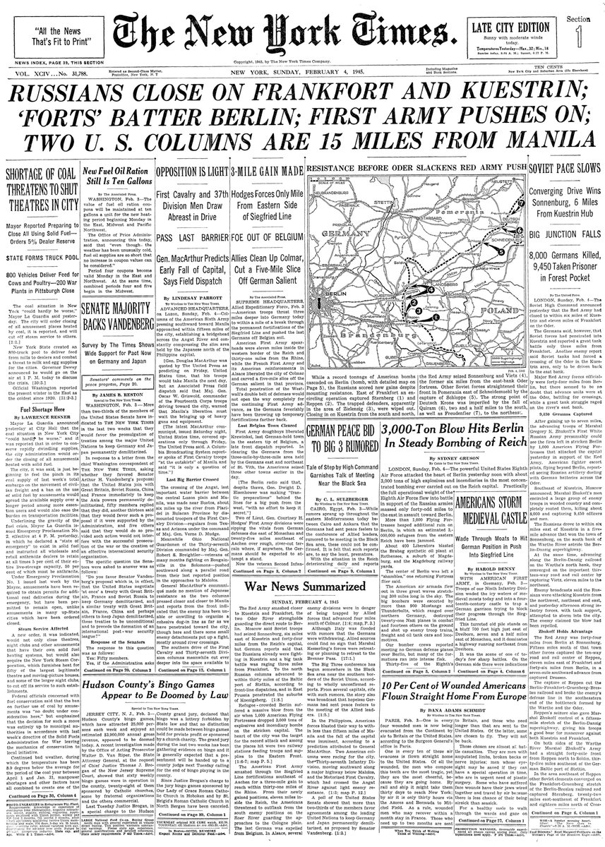 Feb. 4, 1945: Russians Close on Frankfort and Kuestrin; 'Forts' Batter Berlin; First Army Pushes On; Two U.S. Columns Are 15 Miles From Manila  https://nyti.ms/2SlaPhv 