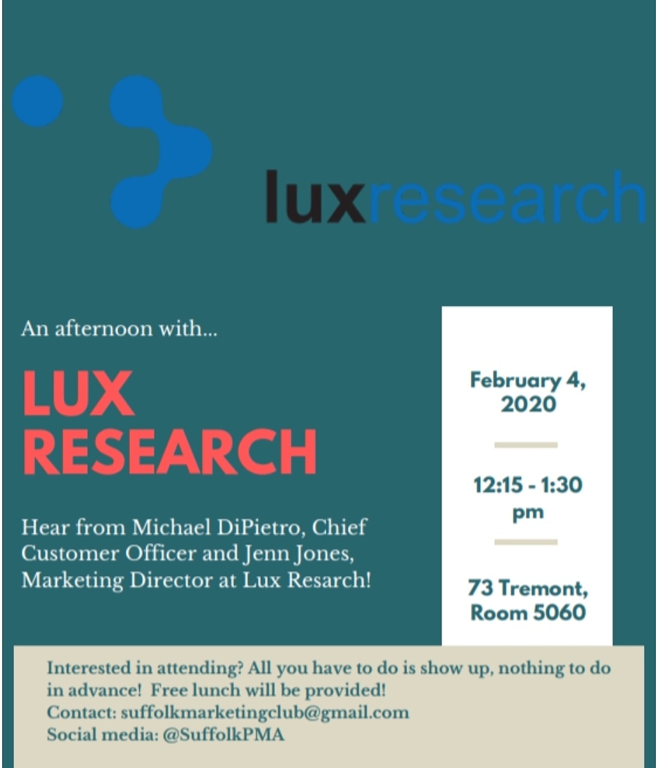 amasuffolk's tweet photo. Join us today during activities period to hear from Michael DiPietro and Jenn Jones from Lux Research! Food will be provided https://t.co/2sElMAoZL3