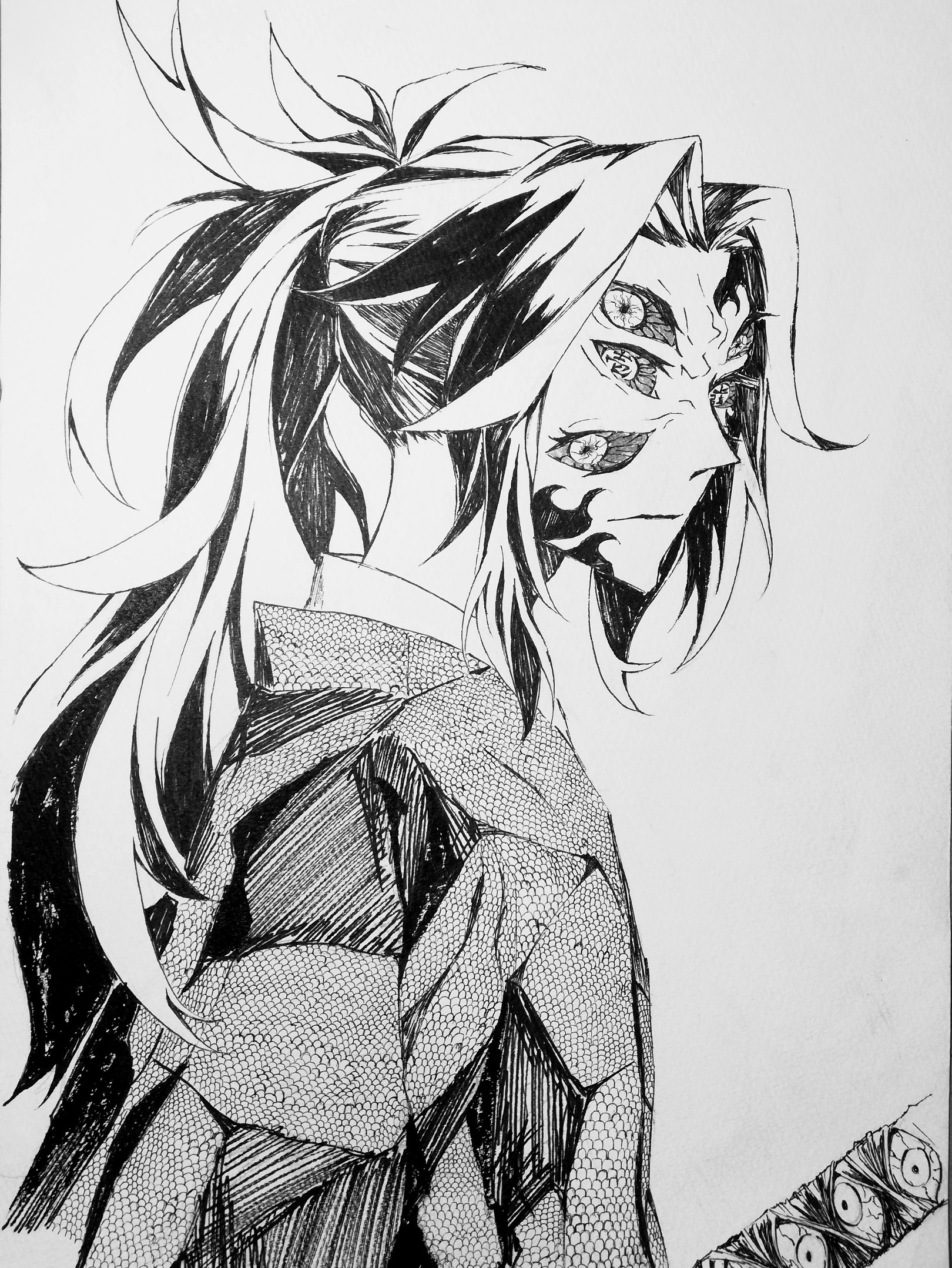 大町将来 鬼滅の刃の黒死牟です 服の柄描くのにバカほど時間かかりました もう二度と描きたくないです笑 19巻ではめちゃ強でした 鬼滅の刃 鬼滅の刃好きさんと繋がりたい 黒死牟 こくしぼう イラスト好きさんと繋がりたい イラスト 上弦の鬼