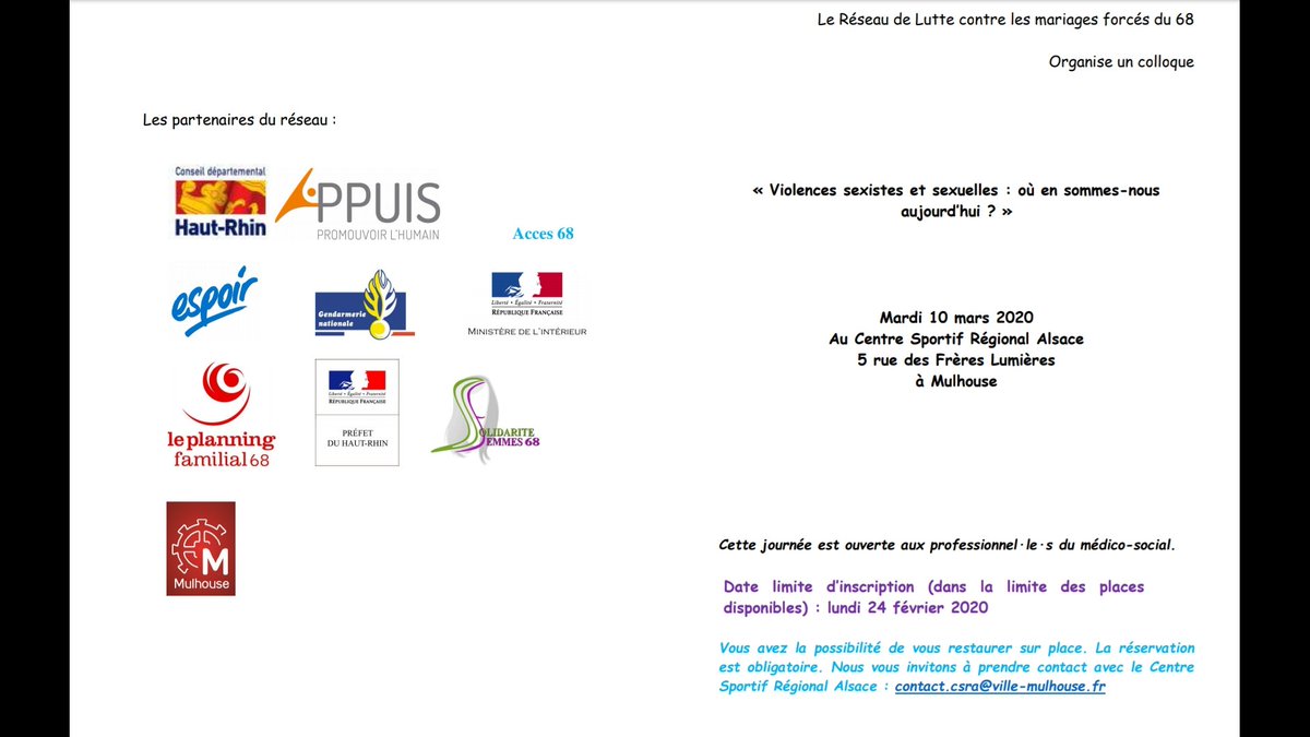 Le 10 mars, #colloque du Réseau de lutte contre les mariages forcés du 68 : "Violences sexistes et sexuelles : où en sommes-nous aujourd'hui ?". Une journée qui s'annonce riche ! 
#ViolencesSexuelles #Mariageforcé