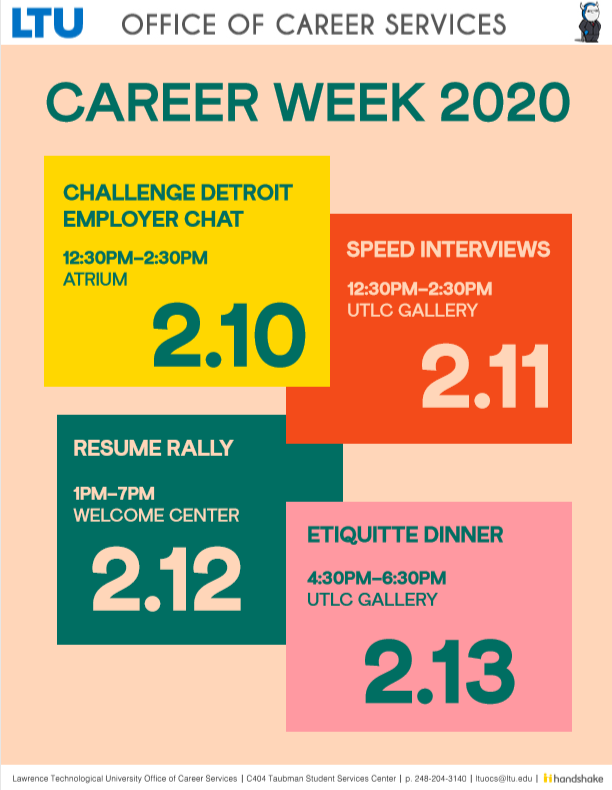 LTUOCS's tweet photo. Join us for #LTUCareerWeek starting on Monday! Check out Handshake for details on all events, including our annual Etiquette Dinner on Feb. 13 from 4-6:30PM in the UTLC! Participants will be entered to win exciting giveaways, including Tigers' tickets for this upcoming season! https://t.co/TqVfavbtSW