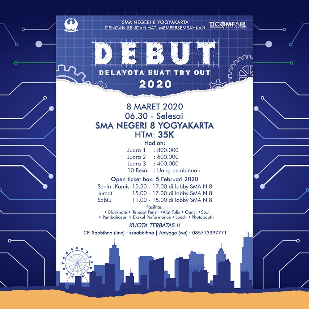 DELAYOTAevents's tweet photo. Selamat malam para pejuang,
Delayota Buat Tryout telah datang🙌
.
✨DEBUT✨datang dengan tantangan baru! Siap untuk menerima tantangan DEBUT tahun ini?
.
#DEBUT2020
#INDUSTRY
#DCOMFAIR2020
#delayotaevents
.
Instagram : @delayotaevents
Line : @cii4406o https://t.co/dxIGRexNIK