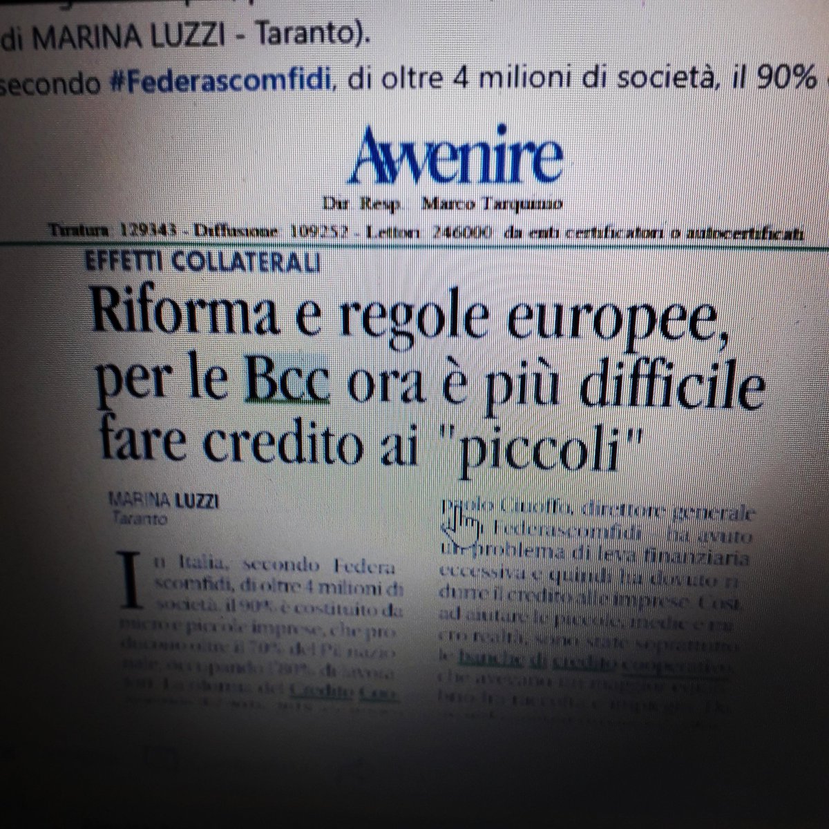 BCC_Taranto's tweet photo. #Riforma e regole europee, per le #Bcc ora è più difficile fare credito ai "piccoli".
La riforma del Credito Cooperativo del 2016-2018 e le nuove regole europee, aprono scenari preoccupanti per le Bcc, che rischiano di perdere il ruolo di cerniera con l'economia reale del Paese. https://t.co/CoGkmxUitw