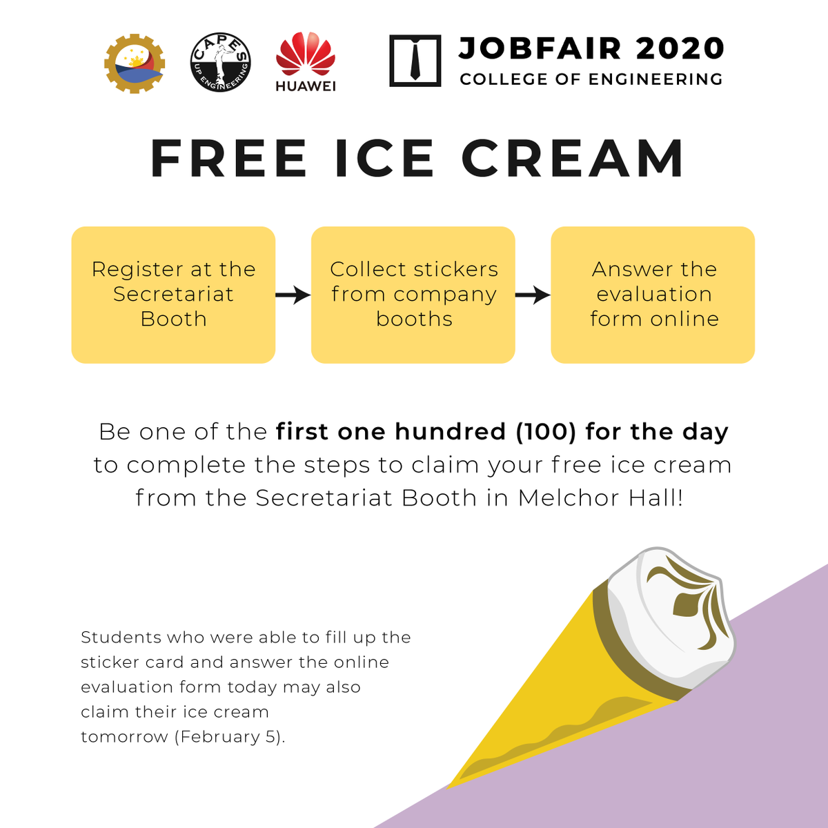 UPCAPES's tweet photo. Visit the booths in Melchor Hall and ICE with ease using the free shuttle service!
Be one of the first 100 to complete the sticker card and answer the online evaluation forms to earn a free ice cream! Visit https://t.co/8L3mkaT3N2 for more details.
#EngineeringTheFilipinoFuture https://t.co/S9rbqZ79rB