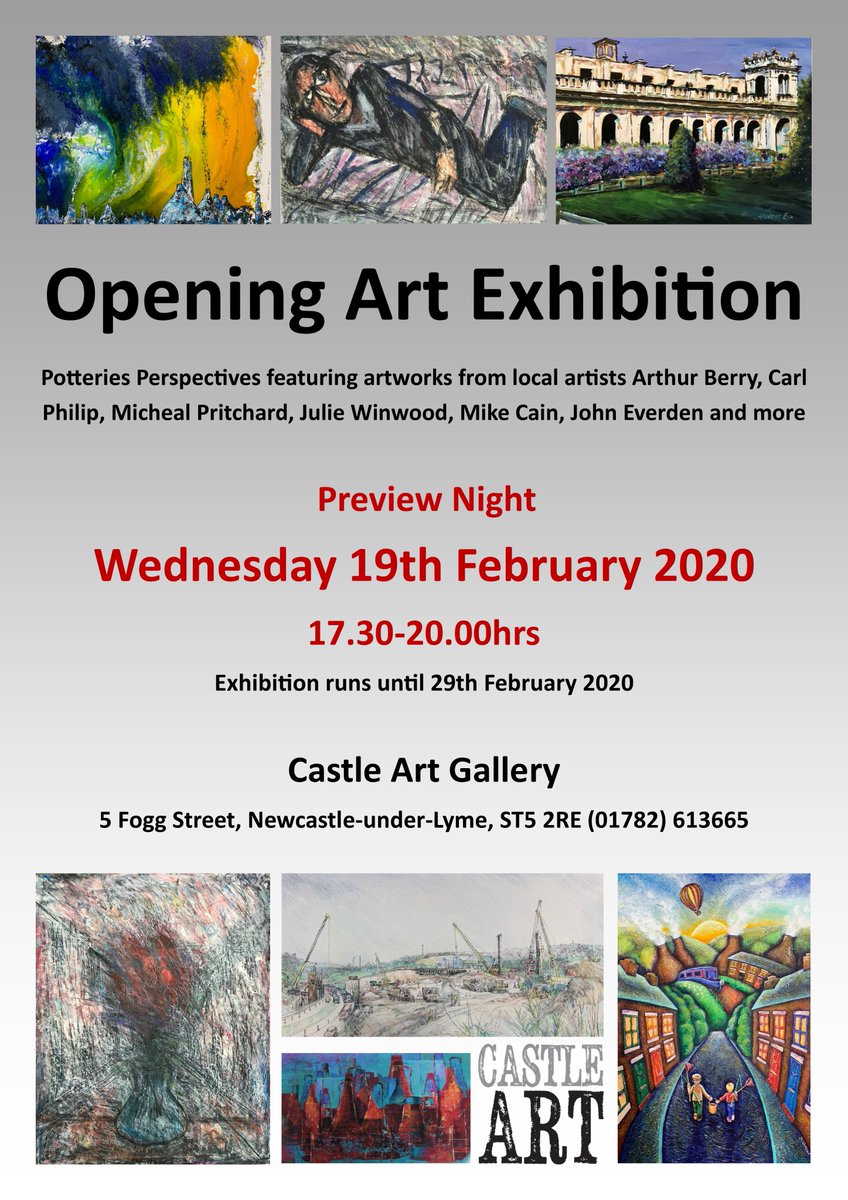 Join us on Wed 19th Feb from 17.30-20.00hrs for our official 
Opening Art Exhibition @GalleryCastle Newcastle-under-Lyme #ArtGallery #Preview #Opening #Exhibition #OriginalArt #LocalArt #SupportLocal #LocalArt
@NuLMarkets @NewcastleBID @VisitStoke @sotculturaldest @SOTCulture