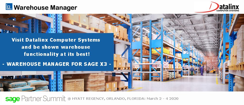 Datalinxltd's tweet photo. The @Datalinxltd Warehouse Manager for Sage X3 (#WHMX3) application is designed and developed to deliver key warehousing functionality that today’s business require. @SagePartners #WMS #warehouserequirements #SagePartnerSummit #Barcode https://t.co/WemZ28Awl8