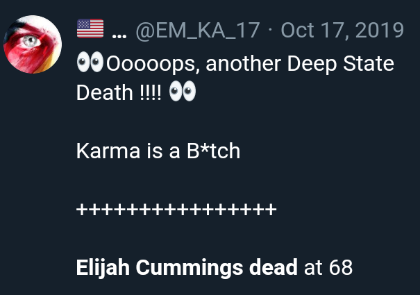 cabchrys's tweet photo. @JoeySalads I seem to recall the utter glee from many, many, many folks when Elijah Cummings got sick and then passed. We should be disgusted by this behavior and call it out no matter who does it. #HumanityOverParty https://t.co/rdv750Hzmx