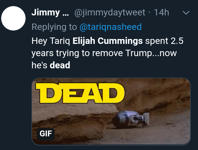 cabchrys's tweet photo. @JoeySalads I seem to recall the utter glee from many, many, many folks when Elijah Cummings got sick and then passed. We should be disgusted by this behavior and call it out no matter who does it. #HumanityOverParty https://t.co/rdv750Hzmx