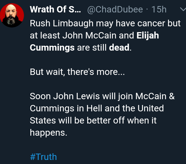 cabchrys's tweet photo. @JoeySalads I seem to recall the utter glee from many, many, many folks when Elijah Cummings got sick and then passed. We should be disgusted by this behavior and call it out no matter who does it. #HumanityOverParty https://t.co/rdv750Hzmx