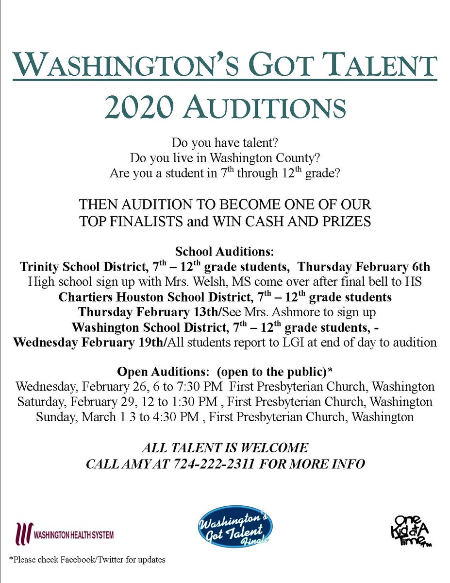 WashGotTalent's tweet photo. @UStClairPatch Come out Wash Cty youth! ALL 7th through 12th grade students welcome to try out for the WGT finale being held April 19, 2020! No $ to try out, Big $$ for our top winners! https://t.co/QAuYPHO6G5