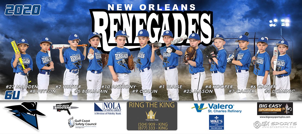 GFXSportsPhoto's tweet image. We would like to thank the NOLA Renegades 6U and 8U teams for selecting us to do their team banners and prints. These 4'x9' banners are sure to stand out at any tournament. For more information on our travel team sessions - gfxphotoco.com/sports/travel-…