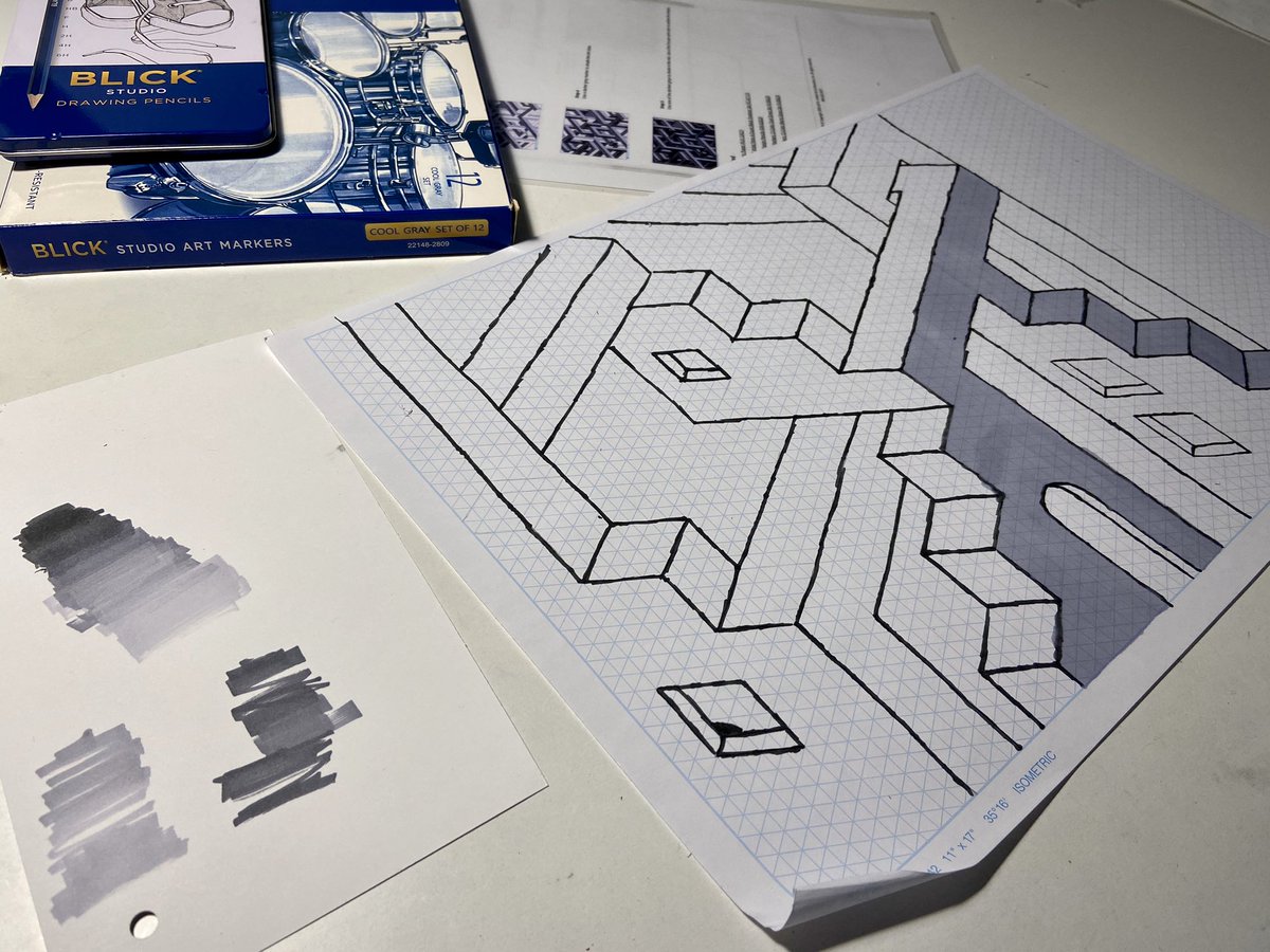 Work in progress tessellation with gray scale markers and gradient test sheet