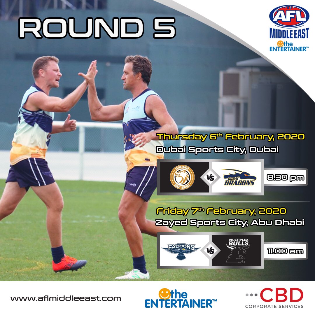 🚨ROUND 5🚨 

We kick off with Thursday night lights at <a href="/DxbSportsCity/">Dubai Sports City</a> followed by the big clash down in the capital at <a href="/ZayedSportsCity/">Zayed Sports City مدينة زايد الرياضية</a>! A HUGE weekend of footy! 

#AFLME #AussieRules