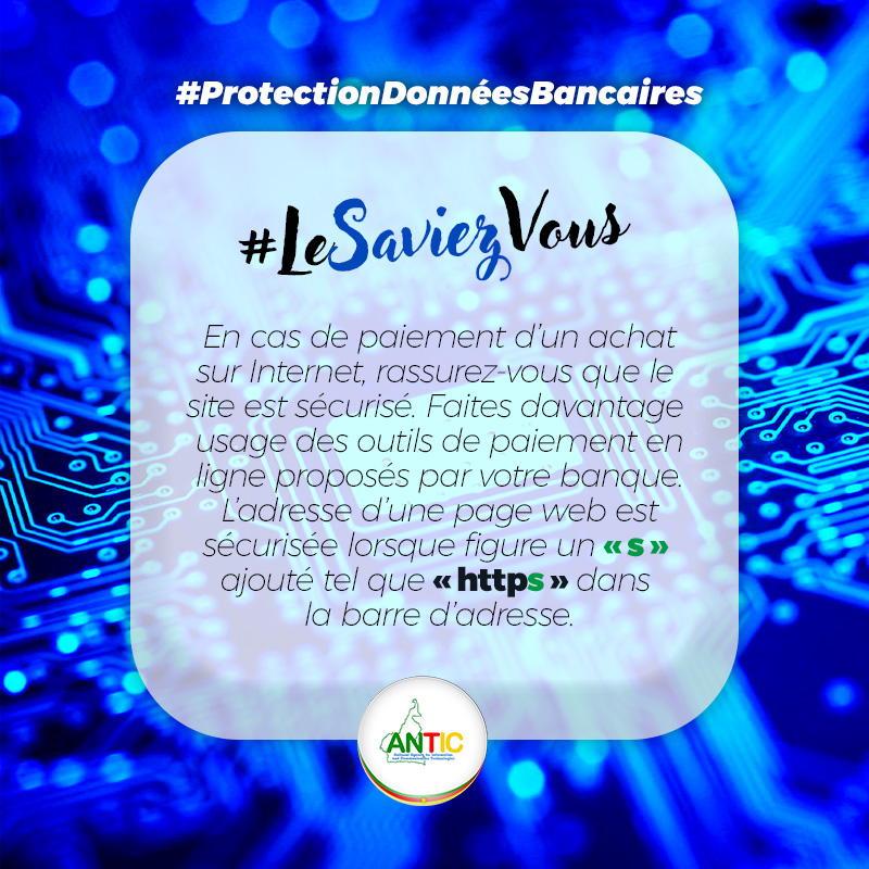 antic_cameroun's tweet photo. Le vol des données bancaires des usagers à travers la fraude à la carte bancaire représente à ce jour l’une des  formes  visibles de la  cybercriminalité. L’ANTIC vous propose quelques précautions à prendre afin d’éviter  d’être arnaqué. https://t.co/5ryvm45DtV