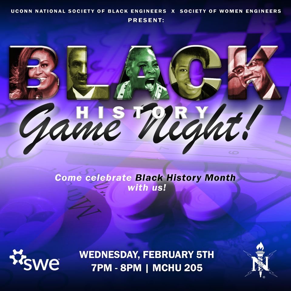 On Wednesday February 5th from 7-8 PM, we will be having a Black History Game Night in partnership with SWE in McHugh 205! Come celebrate Black History Month with us!