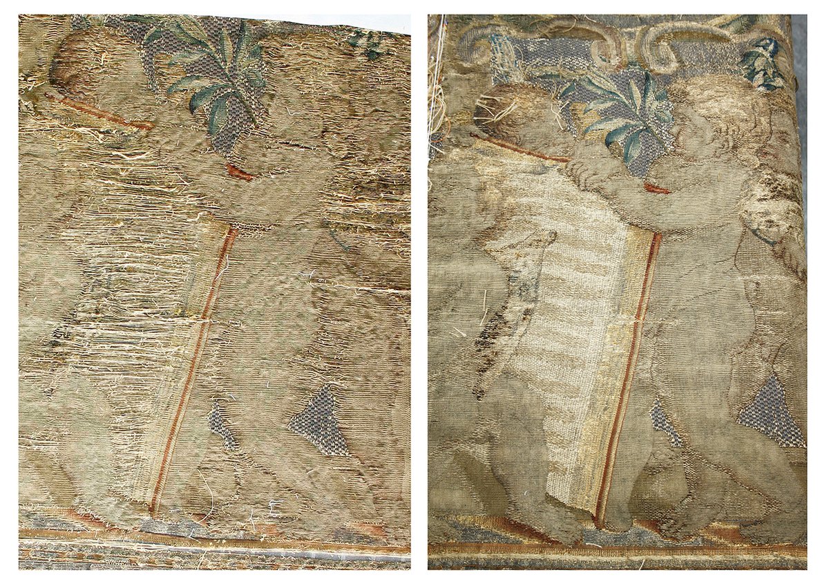 Here's a 'before' and 'after' conservation picture of a cherub from our <a href="/RCT/">Royal Collection Trust</a> 'Elymas' #tapestry. This scene would have taken us over 100 painstaking hours to complete. #TapestryThrowbacks