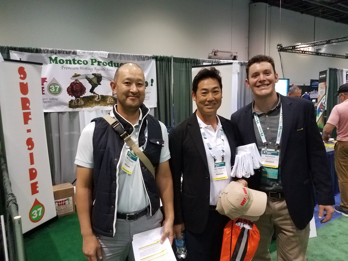 MontcoProducts's tweet photo. Our buddies from #PFJ, Yasushi & Arai! We made sure to load them up with some Surf Side 37 swag before they headed back to Japan. We love our distributors! #PFJ #Surfside37 #wettingagent #turfgrass @GCSAA_GIS https://t.co/Wkp4or1opv