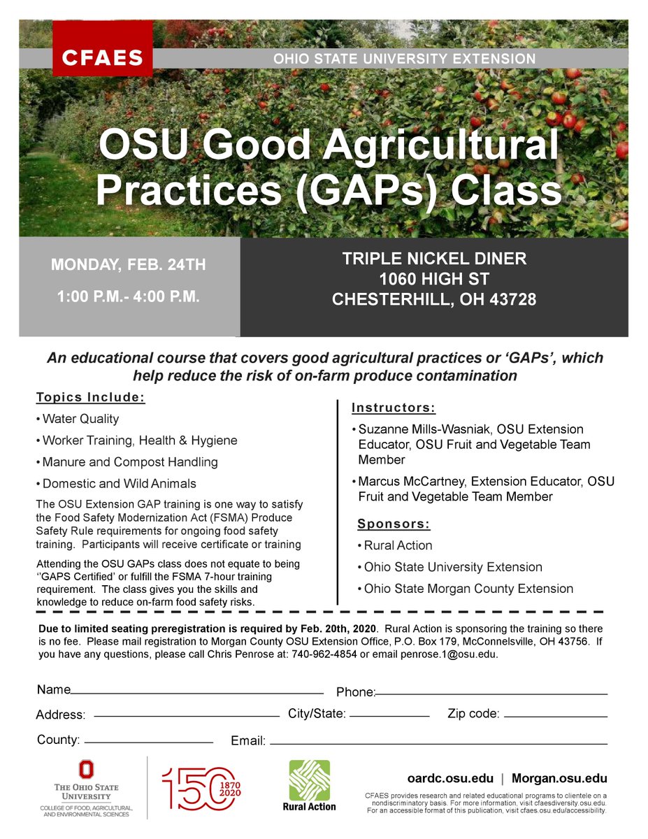 FreshLocalCPA's tweet photo. The OSU extension office is offering a GAP training in Chesterhill at the Triple Nickel Diner, February 24th from 1-4 pm. Registration form is attached. Any questions email penrose.1@osu.edu. https://t.co/Ns7wsh7GtQ