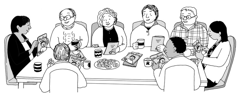 A black and white illustration of a group of people sitting at a table looking at KeyRing documents.