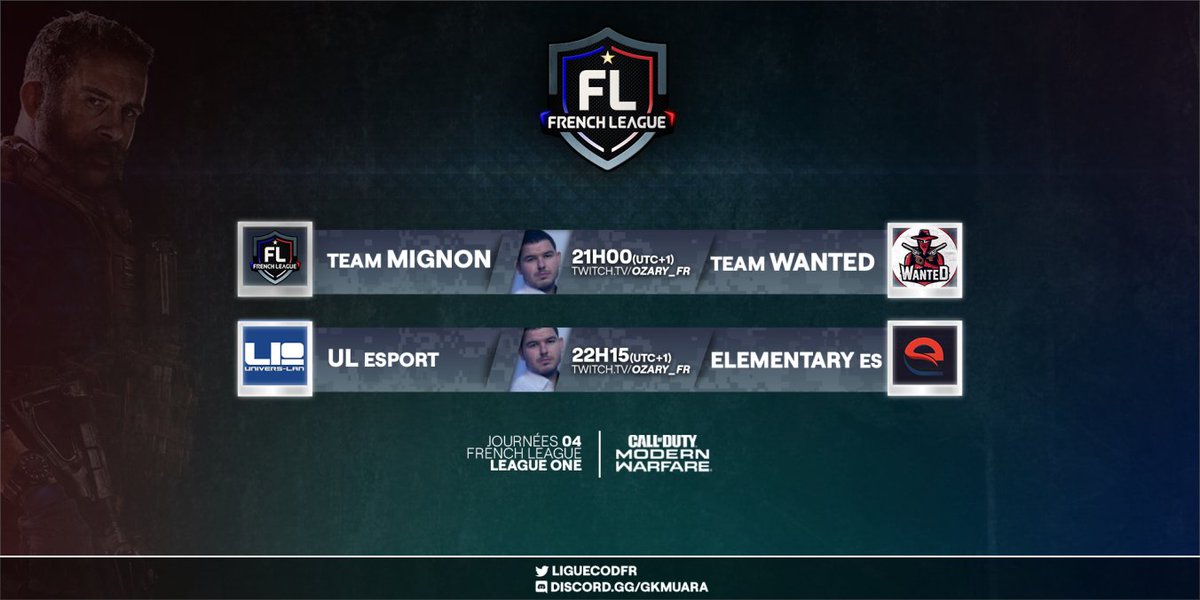 Ozary_Fr's tweet photo. 🚨 Ce soir

📢 Tournoi @LigueCoDFR

📍 #LigueOne

▶️ 21h
🛠️ #TeamMignon 🆚 @WanteD_TeamFR 🛠️

▶️ 22h15
🛠️ @universlan (Equipe #ULEsport) 🆚 @elementary_es 🛠️

🎙️ Casté par @Ozary_Fr &amp; @jeandiinho

📺 https://t.co/AczEZ2ITZF https://t.co/UUgAlzwrs1