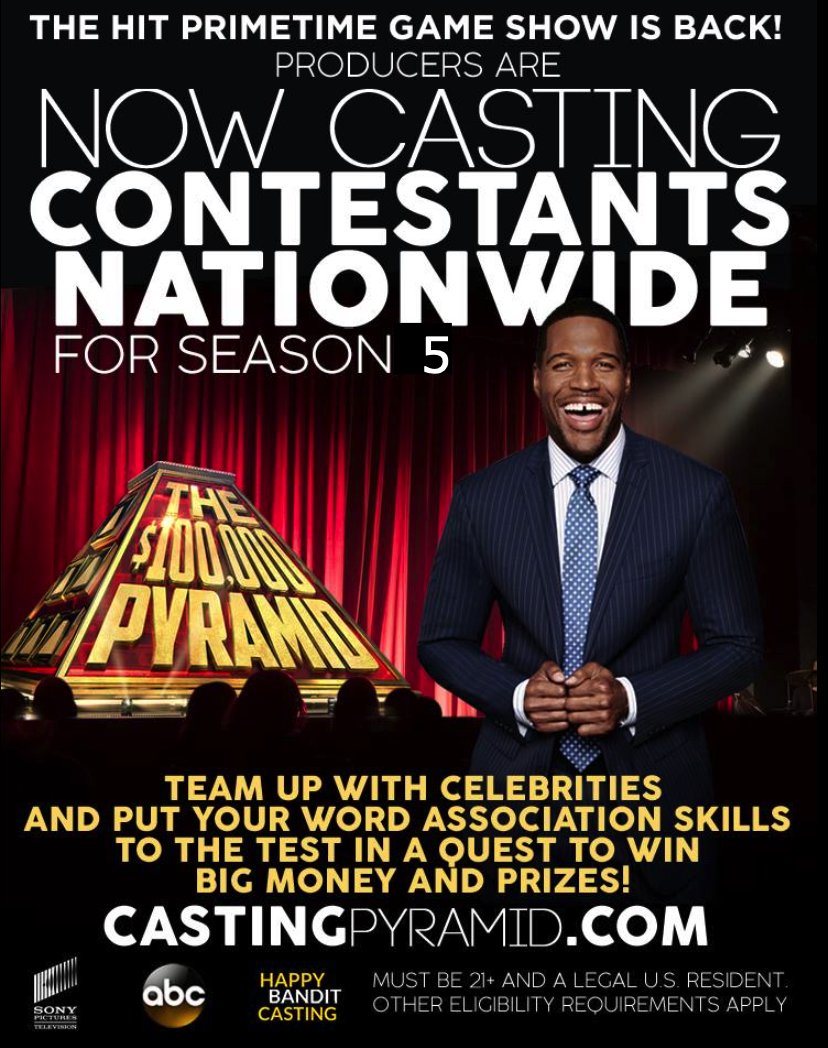 CastingPam's tweet photo. Do you love game shows? Are you great at word association games? Do you want a chance at winning BIG MONEY?!

Apply to be on season 5 of THE $100,000 PYRAMID at https://t.co/LAWMmsnERJ!!

#100KPyramid #Pyramid #MichaelStrahan #ABC   #WinMoney #GameShows #GameShowCasting #Casting https://t.co/dwdzfJ4D7m
