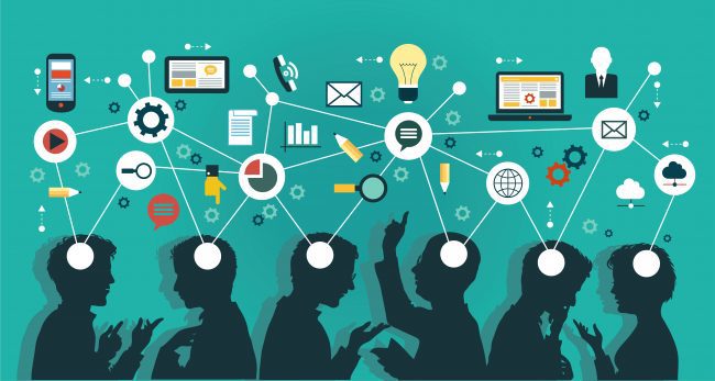 Black silhouettes against a dark teal background, with symbols associated with communication and collaboration above their heads.