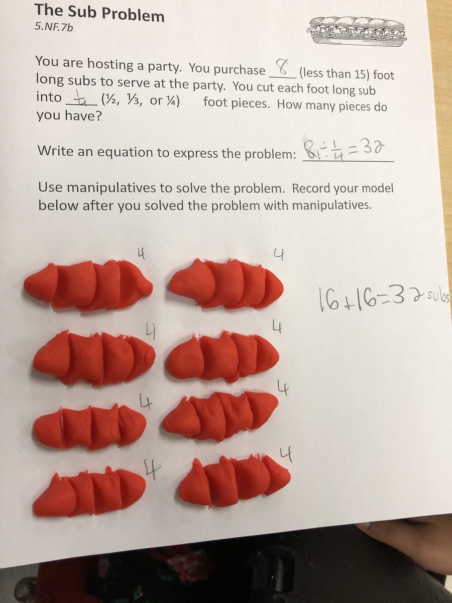 jestaylor_fifth's tweet photo. Fifth graders are loving dividing whole numbers by fractions by making subs out of play doh! ❤️ these kind of math days, so much engagement! #pbe #wcpsmd https://t.co/LWAdCsGBb5