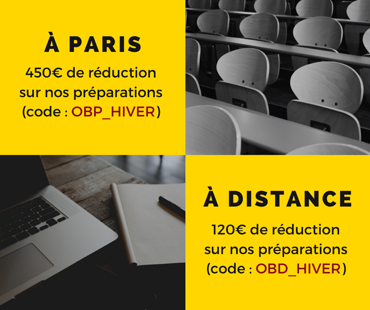 🎓 CRPFA 2020 🎓

Prolongation exceptionnelle de nos réductions
- 450 euros sur nos préparations à Paris (code OBP_HIVER)
- 120 euros sur nos préparations à distance (code OBD_HIVER)
Réductions valables jusqu'au 29 février 23h59
Plus d'informations : bit.ly/2UqJTQ6