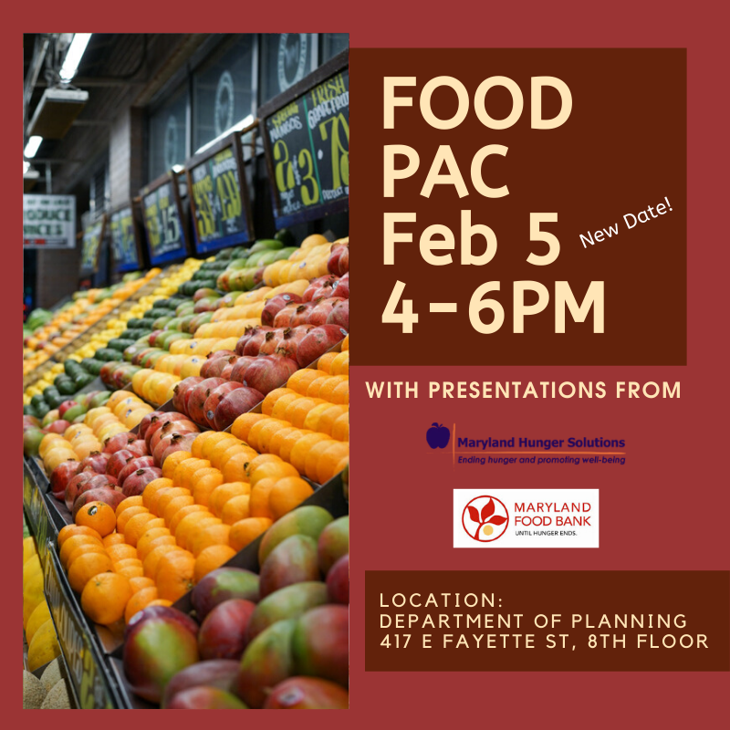 Join us tomorrow for Food PAC. Come hear <a href="/MDFoodBank/">Maryland Food Bank</a> share how equity plays a role in their work and <a href="/MarylandHunger/">MD Hunger Solutions</a> discuss the recent SNAP rule that impacts able-bodied adults without dependents (ABAWDs) and how that will affect Baltimore City.