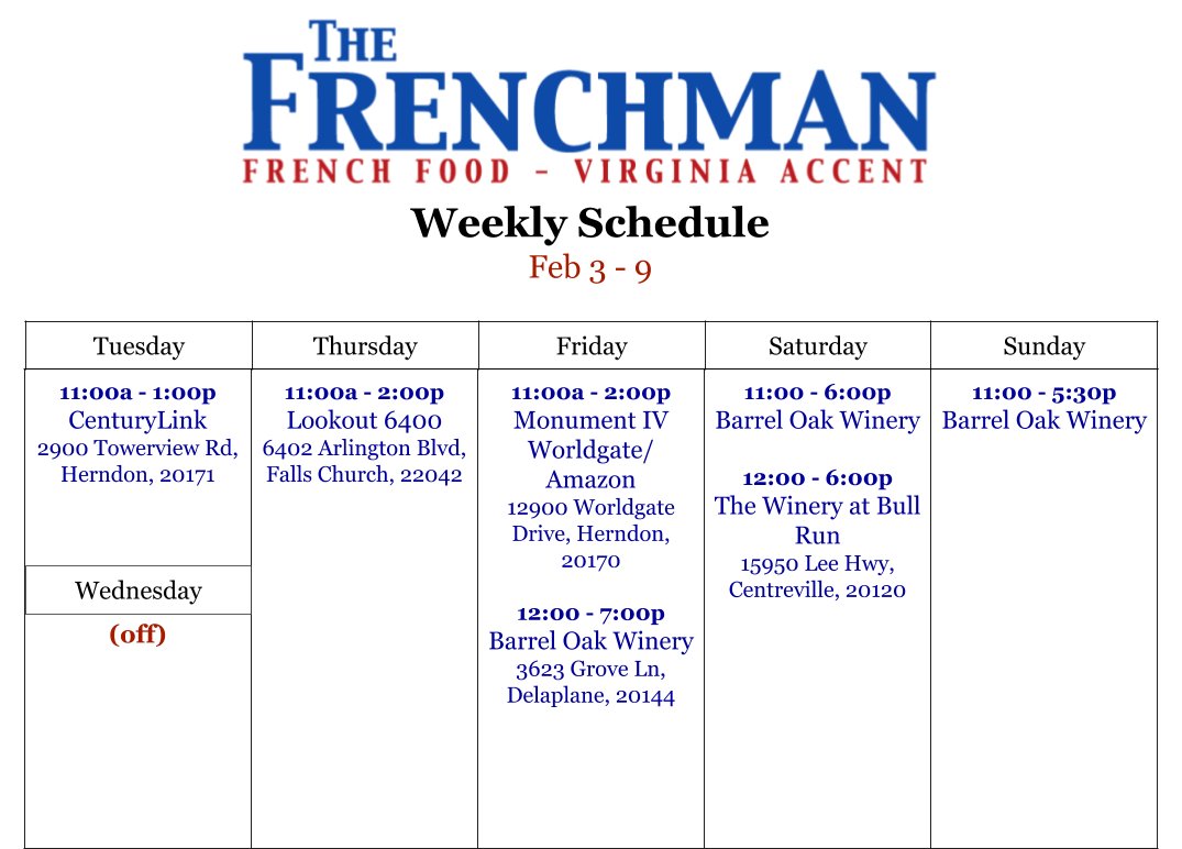 This week's schedule and today's lunch spot!