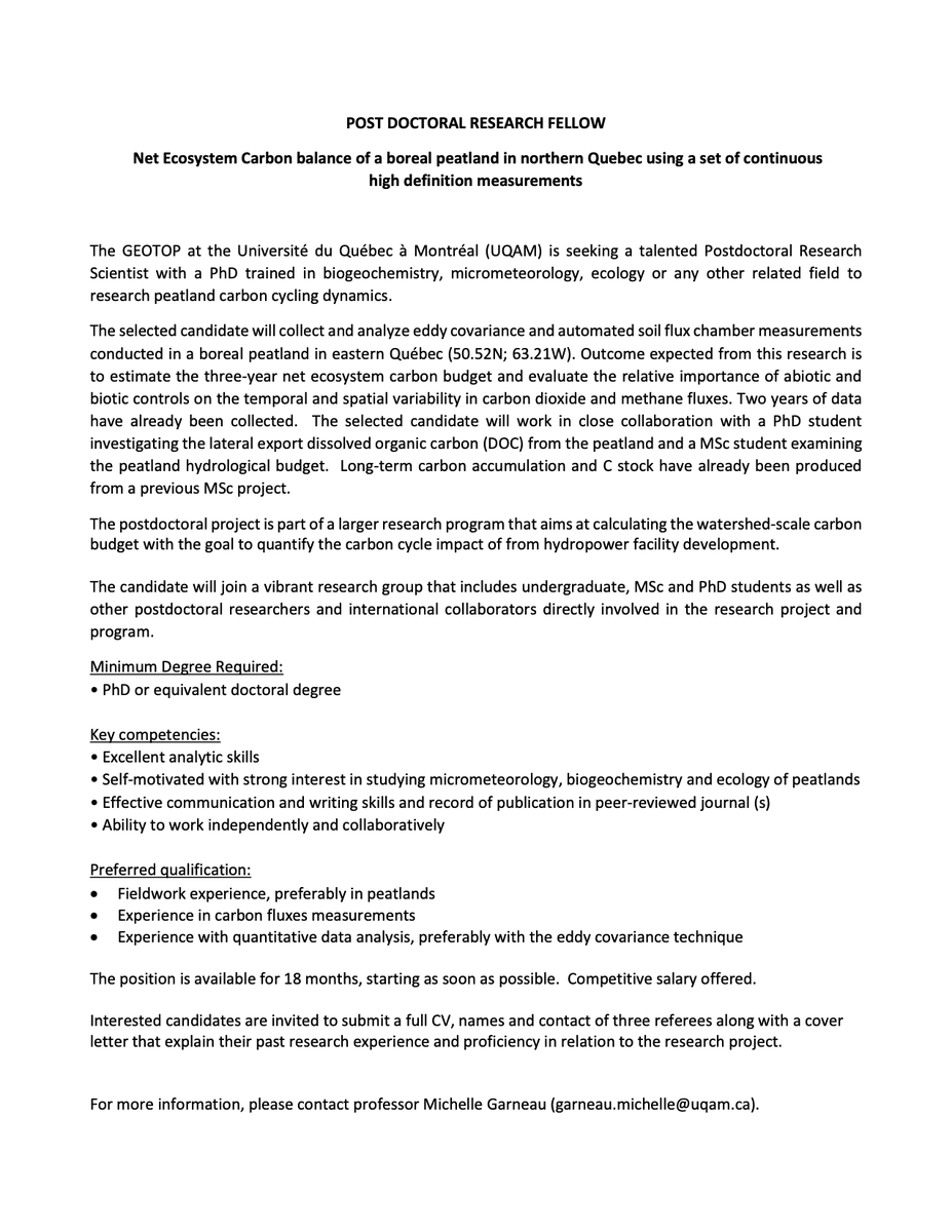 FredGuerin_GHG's tweet photo. In the framework of a collab. between @GeotopQC, @GET_Toulouse and Lab d'aerologie, we offer a post-doc position for estimating net ecosystem #carbon budget and evaluating the temporal and spatial variability in #CO2 and #CH4 fluxes in a remote boreal peatland. https://t.co/X00pRbmLWY