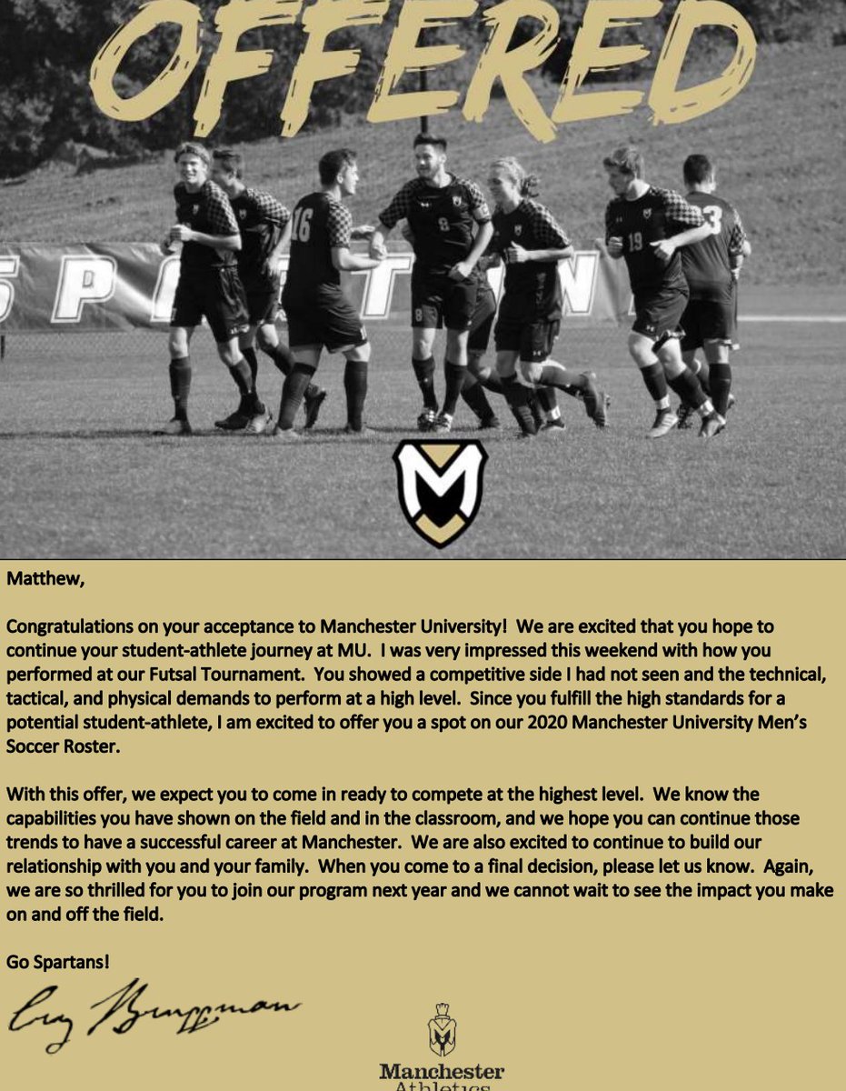 M_Mason247's tweet photo. Blessed to say I have recieved an offer from Manchester University to continue my soccer career. Thank you to @MUSpartanSoccer for this opportunity! https://t.co/RjKt5lqEf2