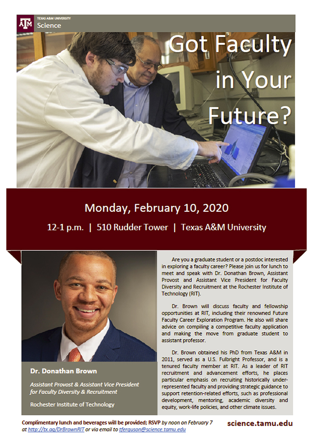 Promotional flyer for a February 10 Texas A&M presentation on faculty careers by Rochester Institute of Technology Assistant Provost and 2011 Texas A&M PhD graduate Donathan Brown
