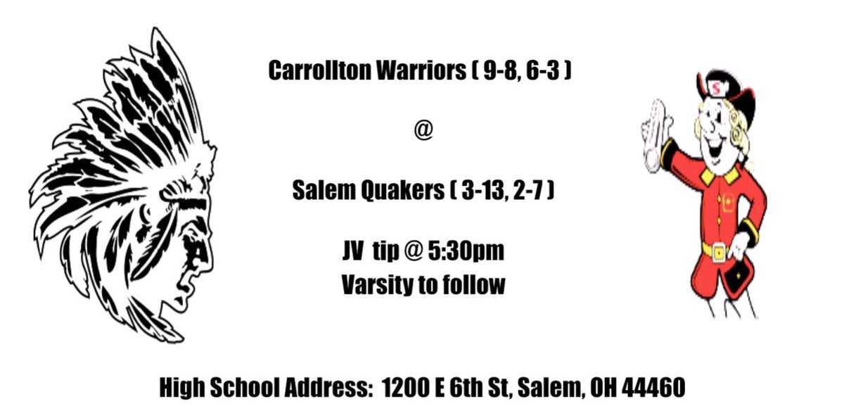 CarrolltonBBall's tweet photo. Warriors travel tonight to Salem to take on the Quakers! Big game for tourney and EBC purposes and we’d love to have Warrior Nation make the trek over @unofficial_CHS @chsblack_hole https://t.co/rvC741CIbc
