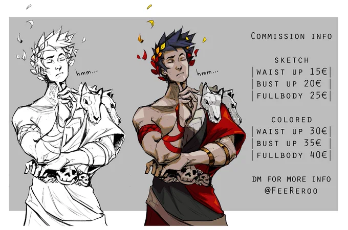 Hey hey !! 
i'm opening some little fast commissions, 5 slots available.
OCs and fanart (*cough cough Hades*) all welcome! Backgrounds and additional  chara negotiable
DM me if your interested 🌟 !! 