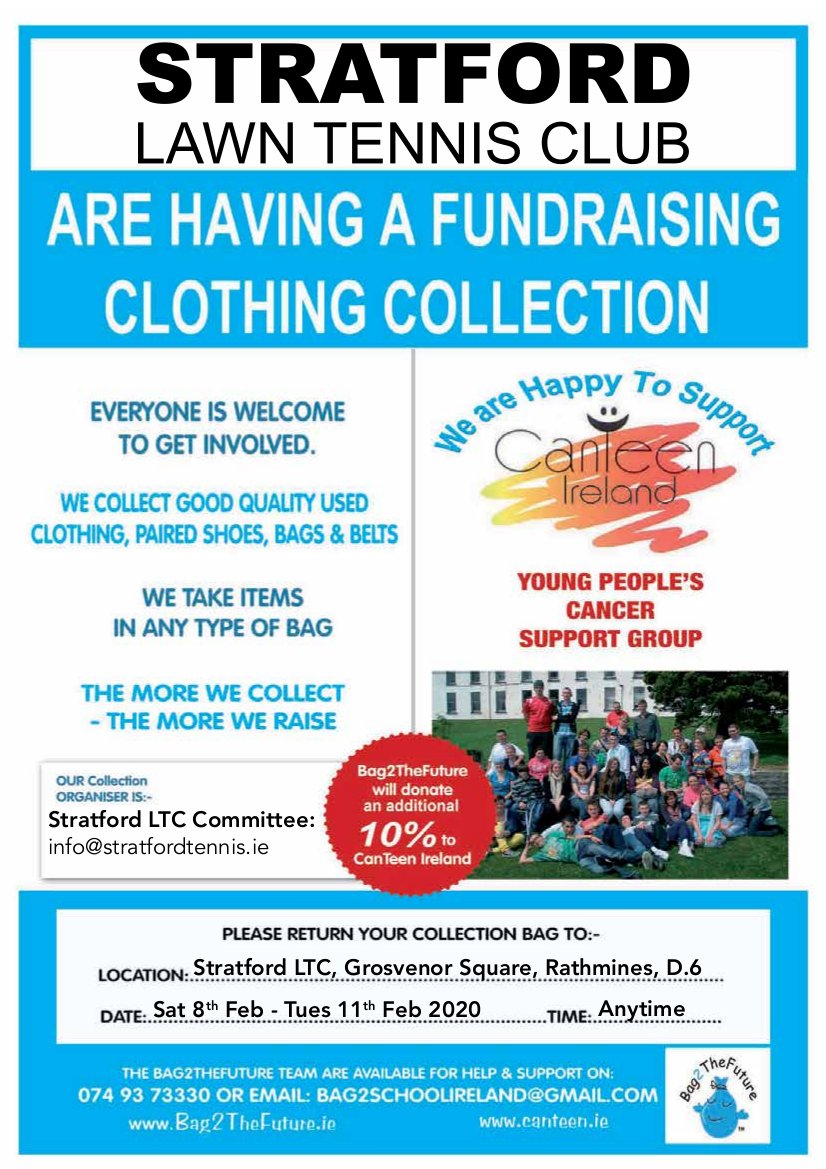 StratfordLTC's tweet photo. If you have any unwanted clothes clogging up your wardrobe can we suggest a spring-clean clear-out and donating them to our @bag2schoolirela #fundraising clothing collection? Members can drop off anytime 08-11/02, non-members email info@stratfordtennis.ie to arrange. Thank you. https://t.co/OB7I60yAgz