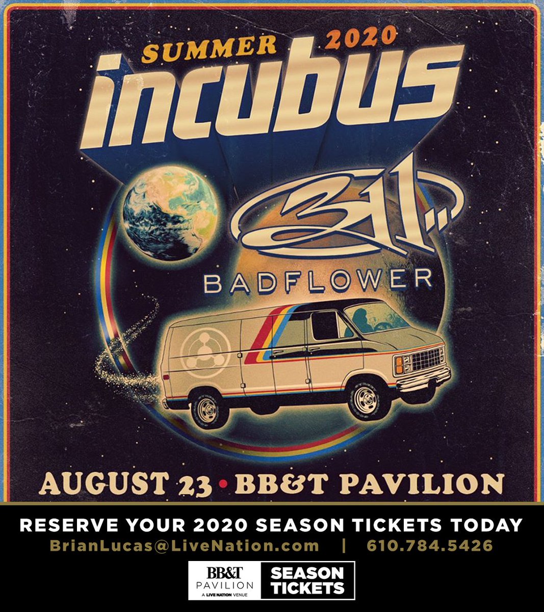 LNPhillyVIP's tweet photo. JUST ANNOUNCED: Incubus with special guests 311 and Badflower at BB&amp;T Pavilion on Aug. 23rd! Secure Box Seats now with 2020 Season Tickets. 🤘 https://t.co/tiTIdLyMHq