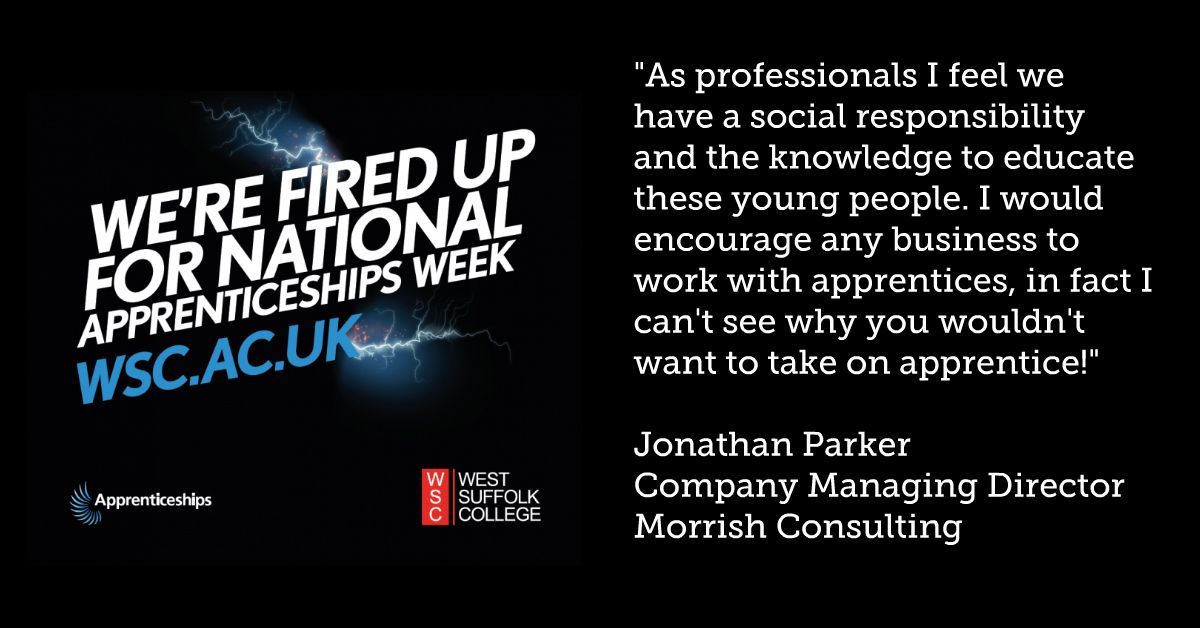 WestSuffolk's tweet photo. “As professionals I feel we have a social responsibility and the knowledge to educate these young people. I would encourage any business to work with apprentices, in fact I can’t see why you wouldn’t want to take on #apprentice!”

Jonathan Parker @MorrishCEng 

@_TargetApps https://t.co/Mvhy2cxPkR