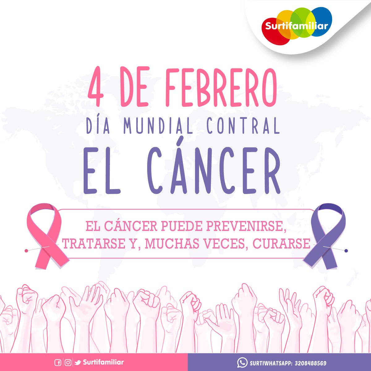 🗓Hoy, 4 de febrero.
se celebra el Día Mundial Contra el Cáncer, una gran oportunidad para recordar que la prevención y el diagnóstico a tiempo son las principales armas que tenemos para combatirlo.
🤗SURTIFAMILIAR A FAVOR DE LA VIDA !
#DiaMundialContraElCancer