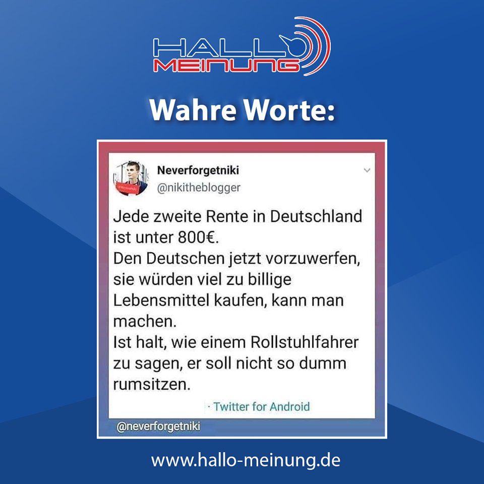 Absolut auf auf den Punkt gebracht.

Niki ist einer von uns! Ein Teil von Hallo Meinung, dem Bürgerforum.
Mach auch du mit! Sei mit dabei!
hallo-meinung.de