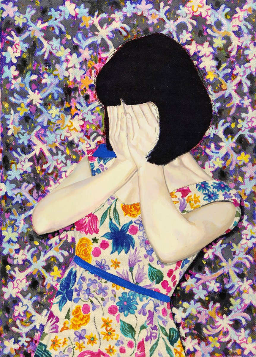 Acrylic paintings by Japanese artist Naomi Okubo, 2010s, known for her detailed, patterned works depicting shy girls with hidden faces, inspired by her own experiences with body image and low self-esteem