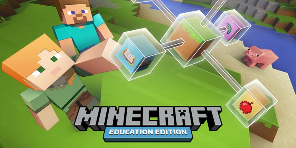 Promotional artwork from Minecraft Education Edition, featuring the logo and two in-game characters. 