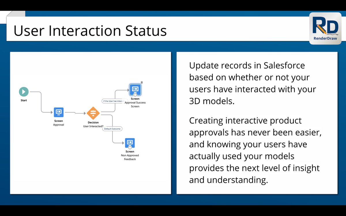 Need to know that  your users have interacted with your #3D models as part of a #Salesforce workflow? Renderdraw has you covered. All of our components can be used in #LightningFlow or Standalone and are updated when the user interacts
Check out buff.ly/37UpHdc
