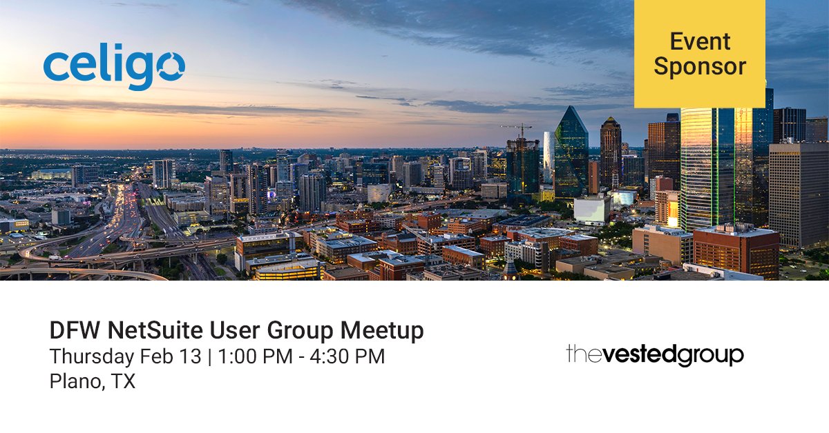 celigoinc's tweet image. Proud to be a part of the Dallas NetSuite User Group with NetSuite partner @TheVestedGroup. Join us at the NetSuite User Group meeting on Feb 13. hubs.ly/H0mKFrR0 #NetSuite #integrationstartshere